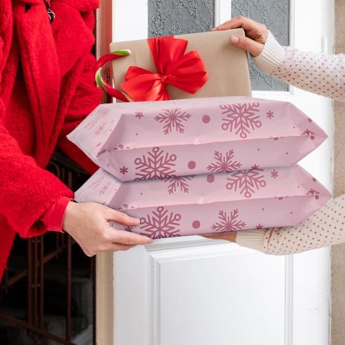 Metronic Cute Poly Mailers 14.5x19 50Pcs Shipping Bags for Clothes, Self Adhesive Snowflake Pink Shipping Envelopes for Small Business, Waterproof Packaging Mailing Bags for Holiday Gifts