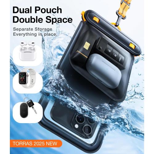 7 Black TORRAS IP68 Waterproof Phone Pouch Double Space, Floating Waterproof Phone Case with Lanyard for iPhone 16 Pro Max 15 14 13 S25 S24, Phone Dry Bag Vacation Cruise Ship Travel Essentials 7.0'', Black