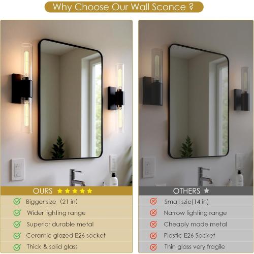 Wall Sconces Set of Two, Black Bathroom Sconces Wall Lighting with Clear Glass Modern Sconces Wall Light Set of 2 Bathroom Light Fixtures Vanity Light for Living Room Bedroom Washroom Hallway