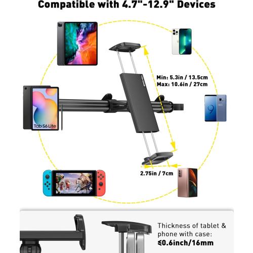 Tryone Car Tablet Holder Mount for iPad: Headrest Tablet Stand for Car Back Seat Compatible with iPad Pro Air Mini | Galaxy Tab | Kindle Fire HD | Switch OLED or Other 4.7-16.1 Devices