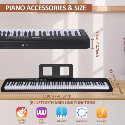 88 Key Piano Keyboard, Electric Digital Piano with Semi Weighted Keys, Keyboard Piano with Sustain Pedal, Power Supply, Stand, Carrying Case, Headphones, USB-MIDI Compatibility, for Beginner Adults