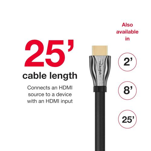 Rocketfish 8K Ultra High-Speed HDMI 2.1 Certified Cable - Premium Speed HDMI Cable Supports Dolby TrueHD & More - HDMI Certified Cable for Superior Resolution & Sound Quality - 25'