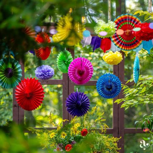 Mexican Fiesta Party Decorations - Colorful Paper Fans & Pom Poms (20 pcs)