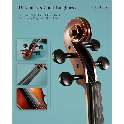 Fesley 4/4 Violin Fiddle Full Set: Matt Violin Kit for Beginners, Acoustic Violin with Hard Case, Solidwood Hand Made Starter Kit with Bow, Shoulder Rest, Tuner, Extra Strings