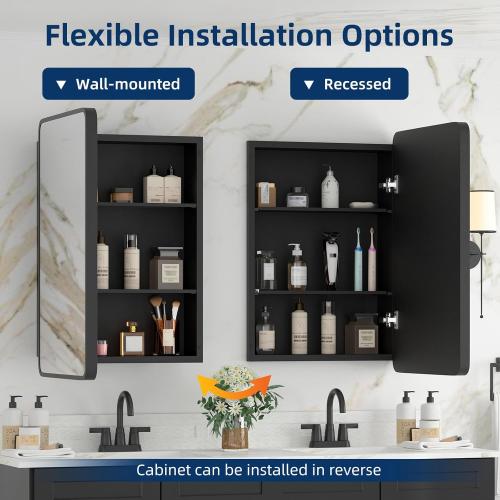 Bathroom Medicine Cabinet with Mirror 16 x 24 Inch, Black Medicine Cabinet Recessed or Surface Wall-Mounted, Mirrored Cabinets with 2 Adjustable Shelves for Bathroom Vanity