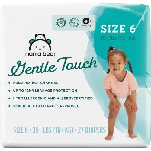 Amazon Brand - Mama Bear Gentle Touch Baby Diapers, Size 6, 27 Count, Disposable, Leak Protection, Stretchy Waistband, Wetness Indicator