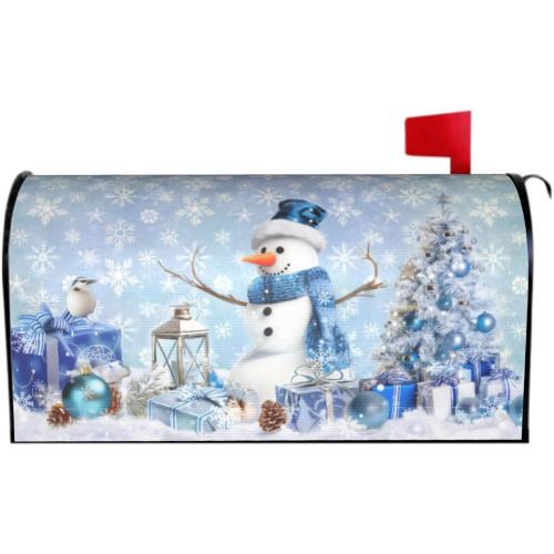 Winter Snowman Mailbox Cover Magnetic 21x18 Standard Size Blue Christmas Tree Balls Xmas Snowflakes Mailbox Wrap Post Cover Decor for Yard Garden Home Outdoor Holiday New Year