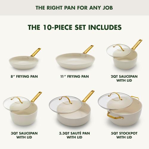 GreenPan Hard Anodized Healthy Ceramic Nonstick 10 Piece Cookware Pots and Pans Set, Gold-Tone Stainless Steel Handles, PFAS & PFOA-Free, Dishwasher Safe, Oven & Broiler Safe, Cream White‼️incomplete set ‼️