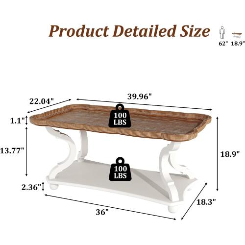 Function Home Farmhouse Coffee Table, 2-Tier Center Table with Storage Shelf, 39.8 French Country Rectangle Accent Table with Natural Tray Top and Curved Legs for Living Room Balcony, Vintage White