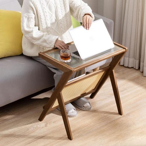 Product new. Box damage Rattan End Table with Magazine Rack Glass-top Bamboo Sofa Side Table Accent Bedside Nightstand Boho Z Shaped Coffee Table for Bedroom Living Room Small Space, Walnut