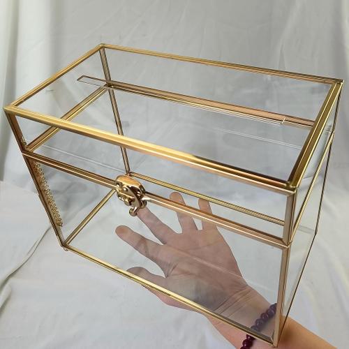 HighFree Glass Card Box, Large Clear Card Box for Wedding Receptions, Decorative Storage Box for Baby Shower, Birthday Party, Bridal Shower (With Slot, Gold)