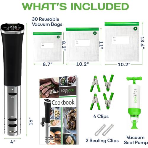 SOUSVIDE ART Sous Vide Immersion Cooker Kit - Machine with Digital Timer, Temp Control, 30 Bags, Vacuum Pump, Suvee Cooker Gift for Chefs