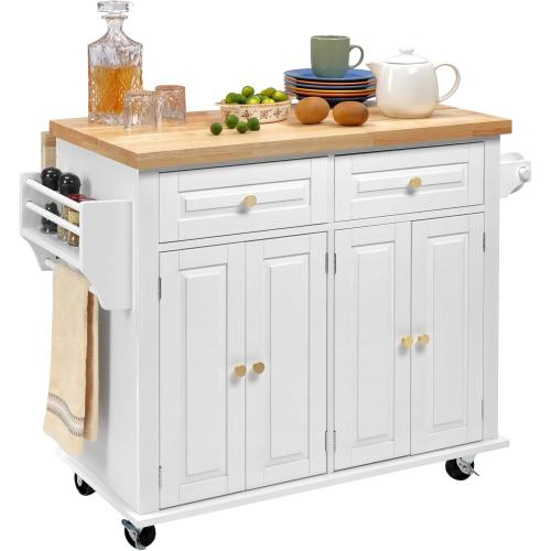Grey Wood - Finnhomy Rolling Kitchen Island With Drop Leaf, Thicken Rubberwood Top, Spice Rack, Towel Rack, Drawer, 43.3 Portable Mobile Kitchen Island Carts Table, Storage Cabinet, Both Wheels and Feet