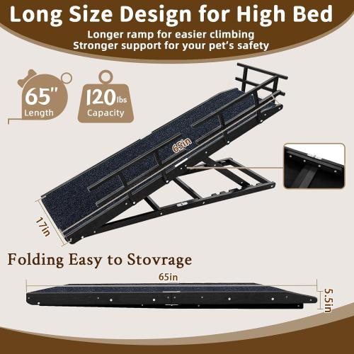 Dog Ramp for Bed - 65 Length, Supports up to 32 Height,Includes Non-Slip Replaceable Carpet, Safety Rails & Landing Platform,Adjustable & Foldable Pet Ramp for Large/Senior Dogs to Get on Bed-Black