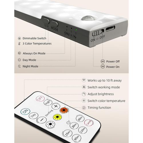 EZVALO 6-Pack Under Cabinet Lighting with Charging Station, 2000mAh Rechargeable Wireless Motion Sensor Lights, 3 Color Temps, Dimmable, Timer, Magnetic, with Remote Control for Kitchen, Closet, Stair