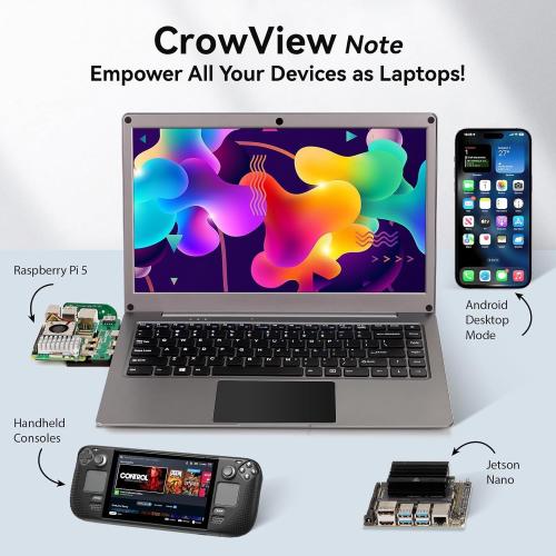 Portable Monitor with Keyboard,14inch 1080P FHD Lapdock Compatible with Raspberry Pi/Mini PC/Phone/PC/Game Console,CrowView Note Built-in Battery with RPi5 Adapter(Full TypeC & HDMI Cable Included)