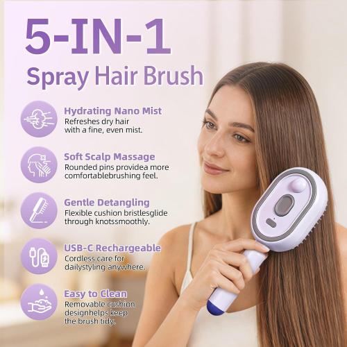 Electric Spray Air Cushion Massage Comb, 2026 Electric Spray Air Cushion Comb, 5-in-1 Detangling Hair Brush for Dry Frizzy Hair, Self-Cleaning Anti-Static Scalp Massager Care Brush for Women