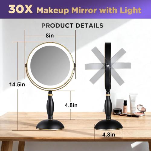 30x Magnifying Mirror with Light, Matte Black with Gold Trim, Makeup Mirror with 3 Color Lights & Brightness Adjustable, 5000mAh Rechargeable Vanity Mirror, Modern Style Side Touch   Side Charge