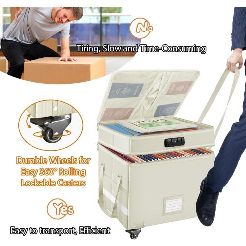 Beige,16''x13.8''x12.2 DocSafe Fireproof Document Box with Lock,2-Layer File Box with Wheels,Collapsible File Storage Organizer with Pockets,Large Portable Office Filing Cabinet for Hanging Folders