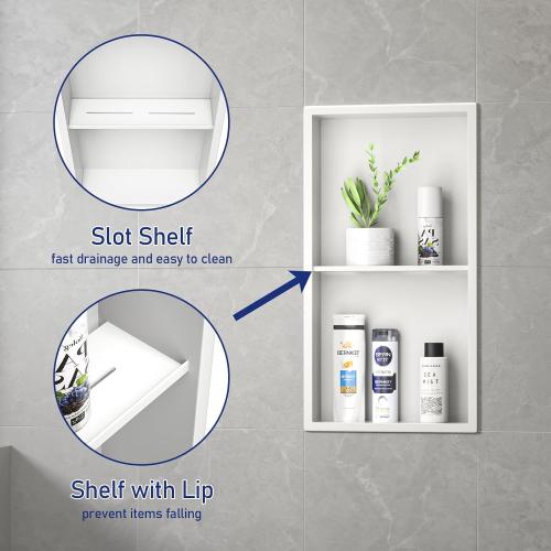 Stainless Steel Shower Niche White 24 X 12 W/ 2-Tier Shelf | Recessed shower niche no tile needed,space-saving,vertical niche, silver bathroom niche shower for shampoo & soap storage
