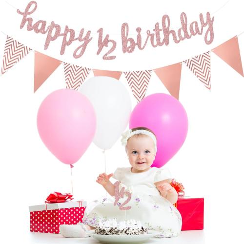 Boao Pre- Strung Half Birthday Decorations Set 6 Months Happy 1/2 Birthday Banner, Glitter 1/2 Half Year Cake Topper, Triangle Flag Banner for Baby Shower Party Photoshoot Props(Rose Gold)