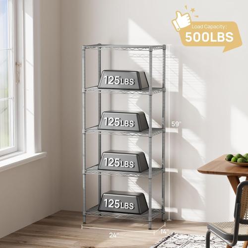 SINGAYE 5 Metal Shelves Wire Shelving Storage Shelf Adjustable Unit Pantry | 5 Tier Kitchen Laundry Room Organization Home Pantry Closet Bathroom Organizers Garage Rack 14 D x 24 W x 59.5 H Gray
