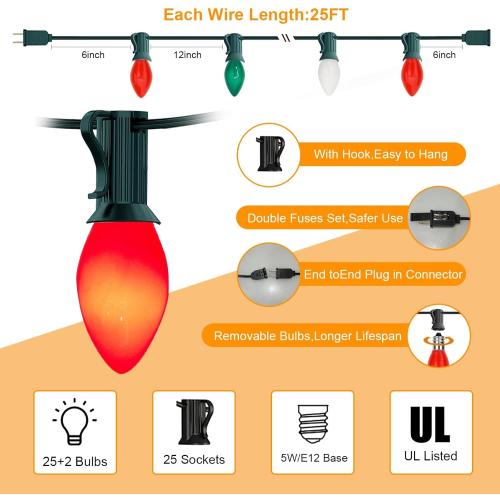 25Ft C7 LED Christmas Multicolor String Lights with 27 Red Green White LED Bulbs, Outdoor Hanging Vintage Christmas Lights Waterproof for Xmas Tree Roofline Wedding Party Holiday Decor-Red/Green/White