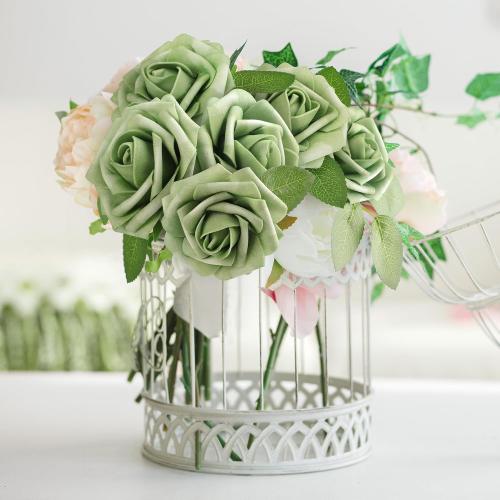 Mocoosy 50Pcs Rose Artificial Flowers, Sage Green Fake Roses for Decorations, Real Touch Elf Green Foam Roses with Stems DIY Wedding Bouquet Bridal Shower Centerpieces Floral Arrangements Home Decor