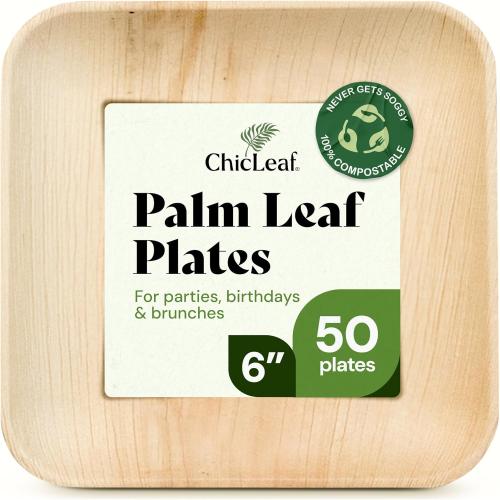 Chic Leaf Palm Leaf Compostable Plates - 6 Square, Pack of 50 - Disposable Dinnerware - Rustic Bamboo Appetizer Plates - Charcuterie Boards & Biodegradable Serviceware