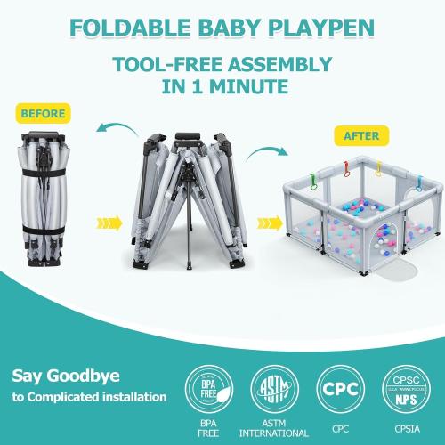 OCATO Baby Playpen: Foldable Playpen for Babies and Toddlers Large Play Pen Portable Playpen Fence Indoor Outdoor Kids Safety Area Travel Play Yard with 1 Storage Bag 4 Handlers 50 Balls (50 × 50)