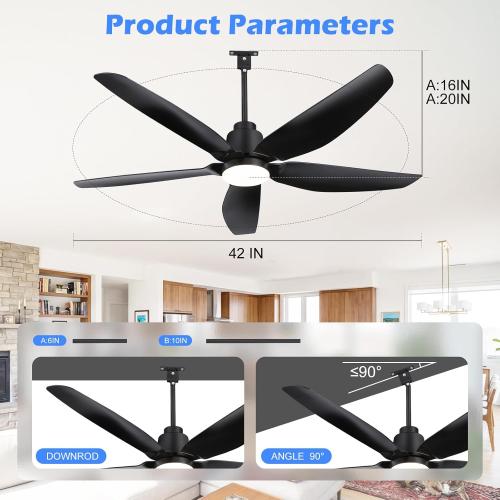 ZYD Outdoor Ceiling Fan with Light, 42 Gazebo Ceiling Fan, Patio Ceiling Fan, Ultra-Quiet DC Motor Black Plug-in Ceiling Fan with Light for PavilionPoolside Porch Pergol