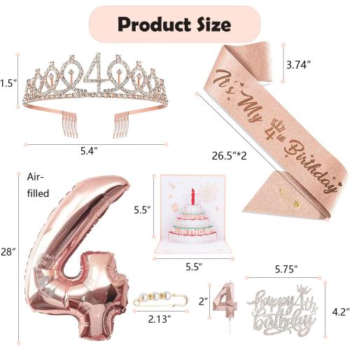 4th Birthday Decorations Girl, Including 4 year old Birthday Cake Topper, Birthday Queen Sash with Pearl Pin, Sweet Rhinestone Tiara Crown, Number Candles and Balloons Set, Rose Gold