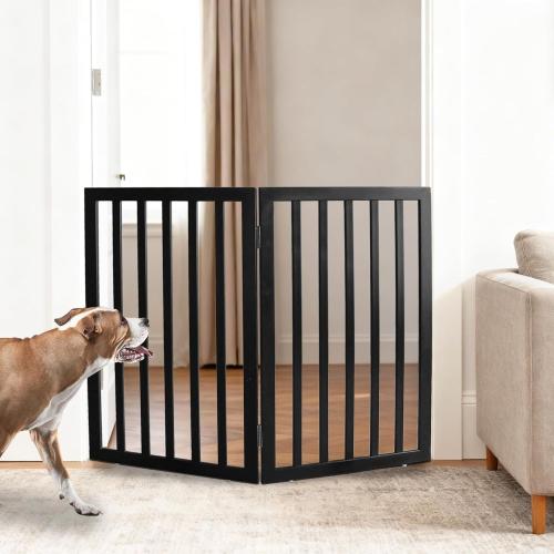 ZJSF Freestanding Indoor Dog Gate for House Foldable Wood Black Puppy Gate for Doorways Pet Gate for Stairs Extra Wide Pet Fence 32 Height 2 Panels