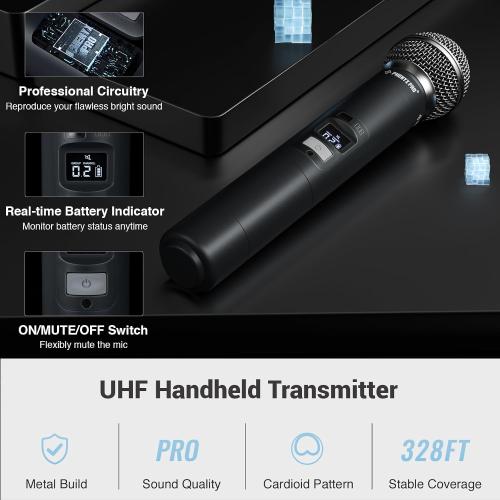 Phenyx Pro 4-Channel Wireless Microphone System w/Auto Scan, 4x40 UHF Frequencies, 2 Handheld Dynamic Mics, 2 Bodypacks & Headsets/Lapel Microphones for Singing, DJ, Church (PTU-7000-2H2B)