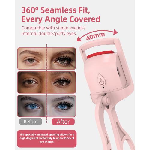 Heated Eyelash Curler, 5s Fast Heating Electric Eyelash Curler, Safe Anti-Burn Eyelash Curlers with Silicone Pad, Type-C Quick Charge, Intelligent Temp Control, 24H Long-Lasting Curls (Pink)