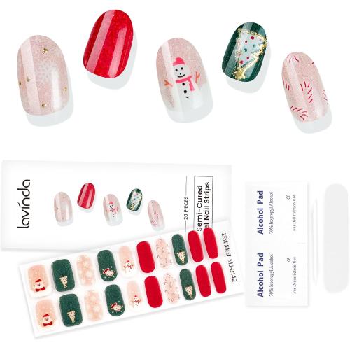 Lavinda Christmas Semi Cured Gel Nail Strips, 20 Pcs Snowman & Christmas Tree Nail Wraps with Plaid, Long-Lasting UV Gel Stickers, Salon Quality, Quick and Easy to Apply for Home Nails DIY