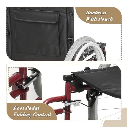 Athena Collection Wheelchair for Adult, Foldable Transport Wheelchair with 17 Width Seat 23.5 Rear Wheel, Wheel Chair with Flit-Back Armrest Swing-Away Footrest and Brake, Support 300 Lbs, Red