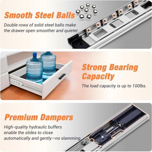 Soft Close Drawer Slides Ball Bearing 3 Folds Full Extension Side Mount Cabinet Runners Glides Rails Track 100 Lbs Load 10 12 14 16 18 20 22 24 Inch Silver