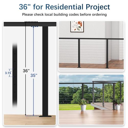 36 Cable Railing Post, Fixed Top Level Drilled Line Post with Cable Grommets, Stainless Steel Black Powder Coated Finish Handrail Post, Heavy-Duty Wire Railing Post for Wood/Concrete Deck