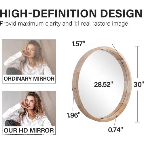 WOODEN CONGUILIAO Round Mirror, 30 Inches Wood Mirror, Wall Decorative Circle, Nature Big Bathroom Large Vanity Farmhouse for Living Room Bedroom Entryway