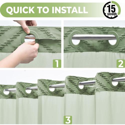 No Hook Shower Curtain with Snap in Liner, Tufted Chevron Striped Shower Curtain Set for Bathroom, Boho Waterproof and Washable Shower Curtains,71Wx74H, Sage Green