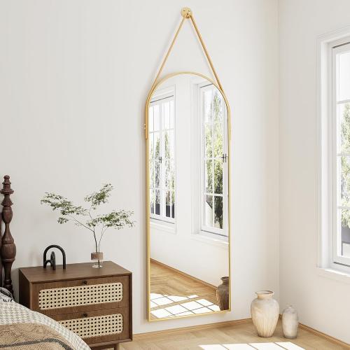 TinyTimes 16x48 Hanging Mirror with Leather Strap,Arched Full Length Mirror with Aluminum Frame Wall-Mounted Hanging Mirrors for Bathroom Vanity Living Room Bedroom Entryway Décor, Gold