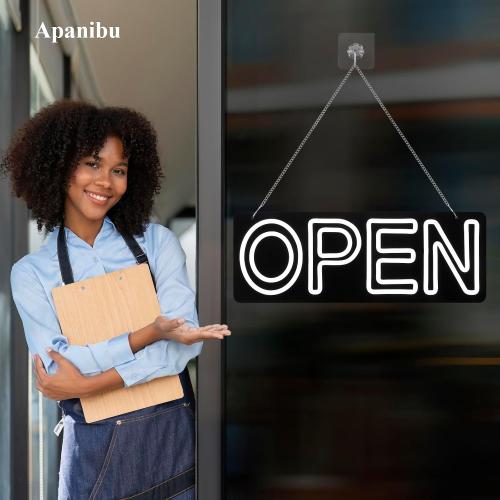 32x12 Extra Large LED Open Signs for Business, Apanibu 2 Lines Unique Design Super Bright Neon Open Sign with Chain, 5 Levels Adjustable Brightness for Retail Shop Window Salon Restaurant (White)