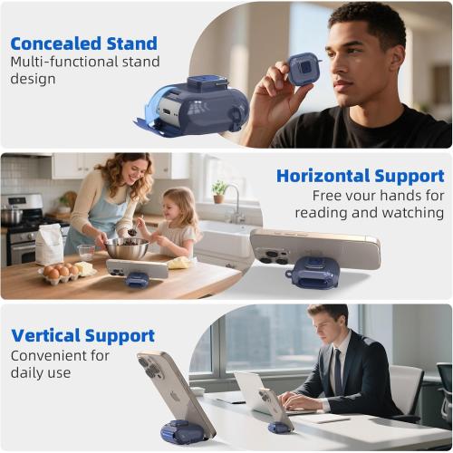 Secure Lock Case for AirPods 4 Case with Phone Stand, Soft TPU Shockproof Protective Cover for Airpods 4th Generation Clear Airpod 4 Case with Cleaning Pen & Keychain (Dark Blue)