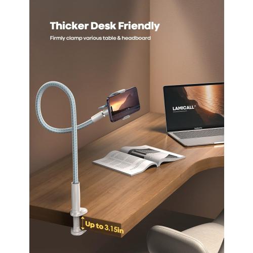 Lamicall Gooseneck Phone Holder Bed - [Nylon Braided] Flexible Arm, Overall Length 38inch, 360 Adjustable Clamp Clip, Overhead Cell Phone Mount Stand for Bed, Blue White