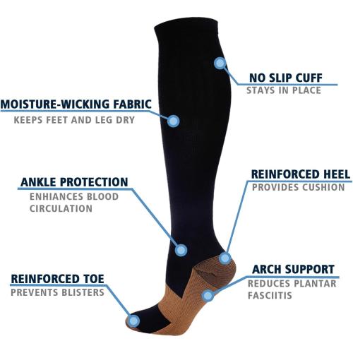 Double Couple 7 Pairs Copper Compression Socks for Men Women 20-30 mmHg Knee High Stockings