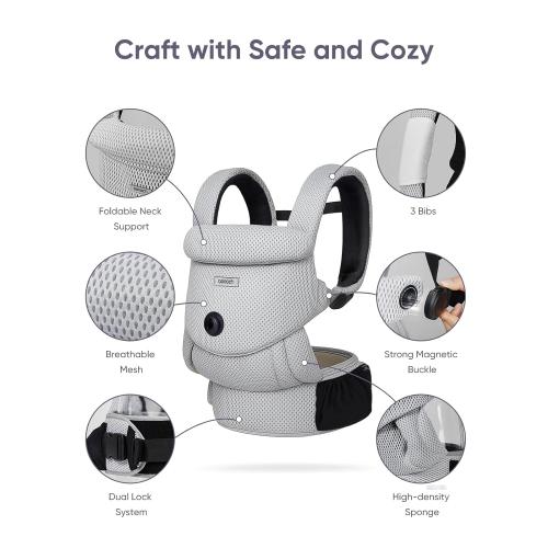 bonoch Breathable Baby Carrier Newborn to Toddler - EaseFit Adjust Knob for Baby Hip Health, Ergonomic Mesh Infant Carrier Sling, Dual Lock Belt, Storage Bottle Pocket, 3 Bibs, 10-44lbs, Shower Gifts