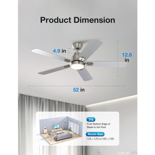 warmiplanet 52 Inch Indoor Ceiling Fans with Lights and Remote Control, 6 Speeds Slient Reversible DC Motor, 3 Color Dimmable LED Light, Timer, Brushed Nickel, 5 Blades