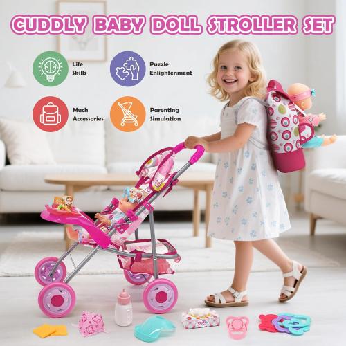 Baby Doll Stroller Set with 12.5 Doll, Baby Dining Table, Backpack with Carrier, 21 PCS Baby Doll Accessories Stroller Toys, 2 Sets Doll Clothes, Feeding Set Girls Toddlers Gifts for Pretend Play