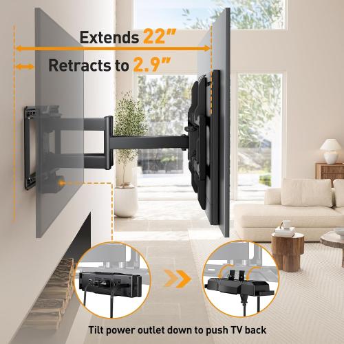 Perlegear Full Motion TV Wall Mount with Power Strip for 42–90 Inch TVs | TV Mount up to 150lbs, Pre-Assembled, USB charging, Smooth Swivel, Tilt, Extension, VESA 600x400mm, 12/16/24 Wood Studs